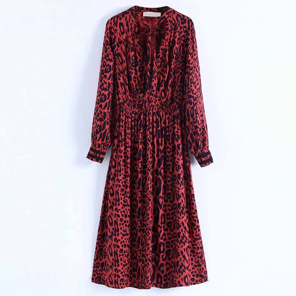 Buy FIRSTTO Vintage Red Leopard Print Long Dress Long