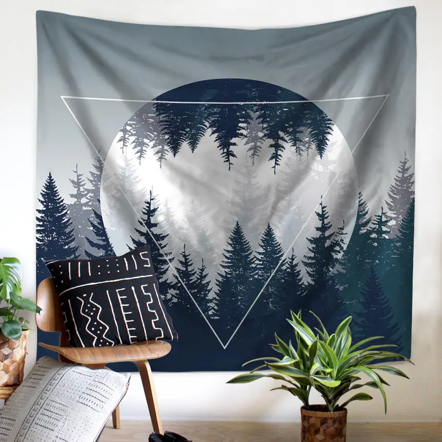 Modern Rectangle Large Hanging Wall Tapestry Forest Trees Mountain