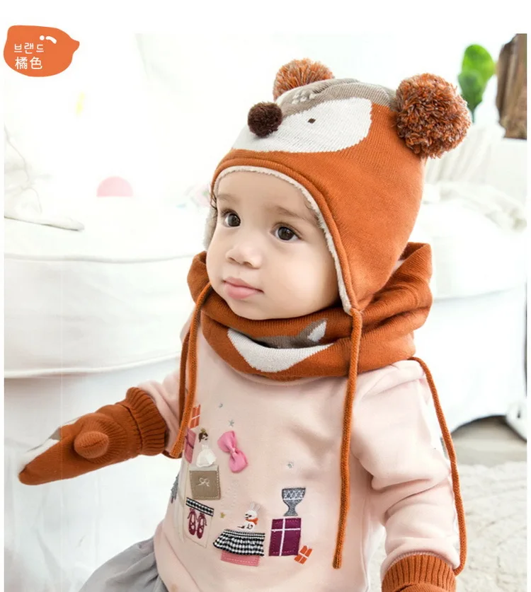 3pcs/Set Baby Kids Winter Cotton Hat Scarf Set Winter Knit Cap Children Warm Scarf For Boys Suit Beanies Hats Scarf For Girl Boy