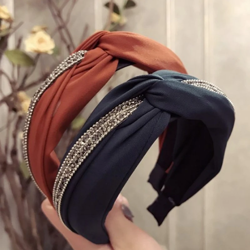 NEW 1PC Women Solid Color Cross Rhinestone Hairbands Wide Hoop Headdress Girls Boutique Hair Accessries