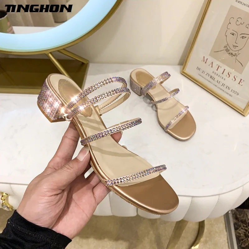 

TINGHON Women Casual Summer Mid Slippers Flip Flops Female Breathable Rhinestone Sandals Outside Shoes Girls High Quality