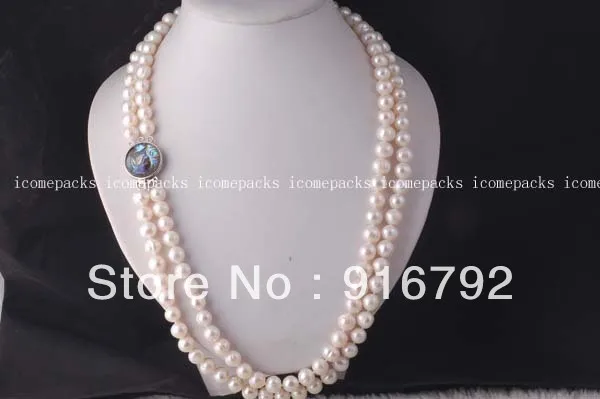 

free shipping *******2 rows white round freshwater pearl necklace 20" 21