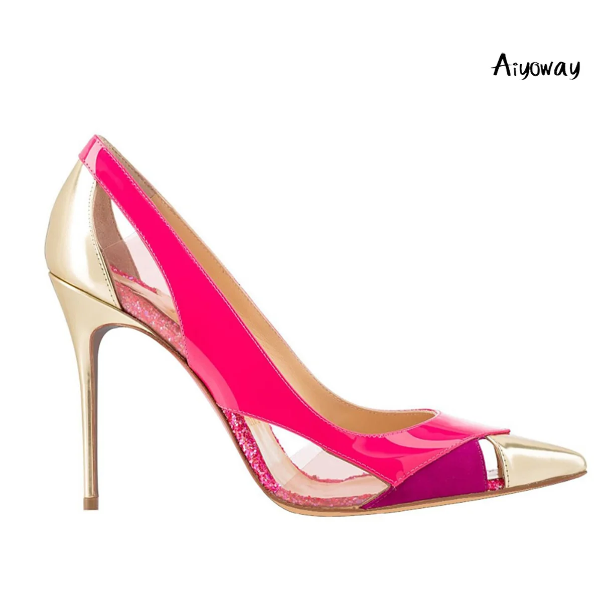 

Pointed Toe High Heel Pumps PVC Fashion Women Ladies Patchwork Evening Party Pink Wedding Dress Shoes Slip On Big Size US 5 17