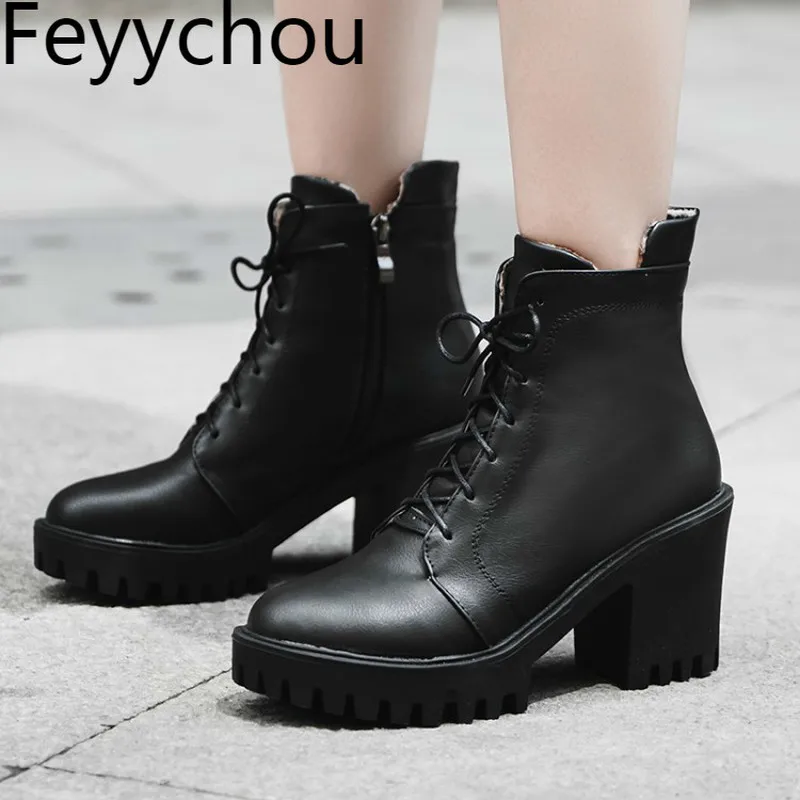 

Women Boots High Heel Round Toe Zip Autumn Winter Warm Martin Boots Ankle Lace Up Platform 2019 New Sexy Fashion Pu Black Brown