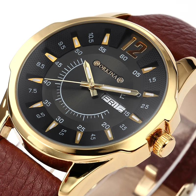 

MG. ORKINA Mens Watches Top Brand Luxury Golden Case Leather Japan MIYOTA Movement Day Date Men's Quartz-watch zegarek