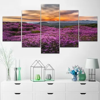 

Sunset Mountain Purple Flower Painting Canvas Print 5 Piece Modular Style Poster Modern Living Room Decorative Wall Artwork