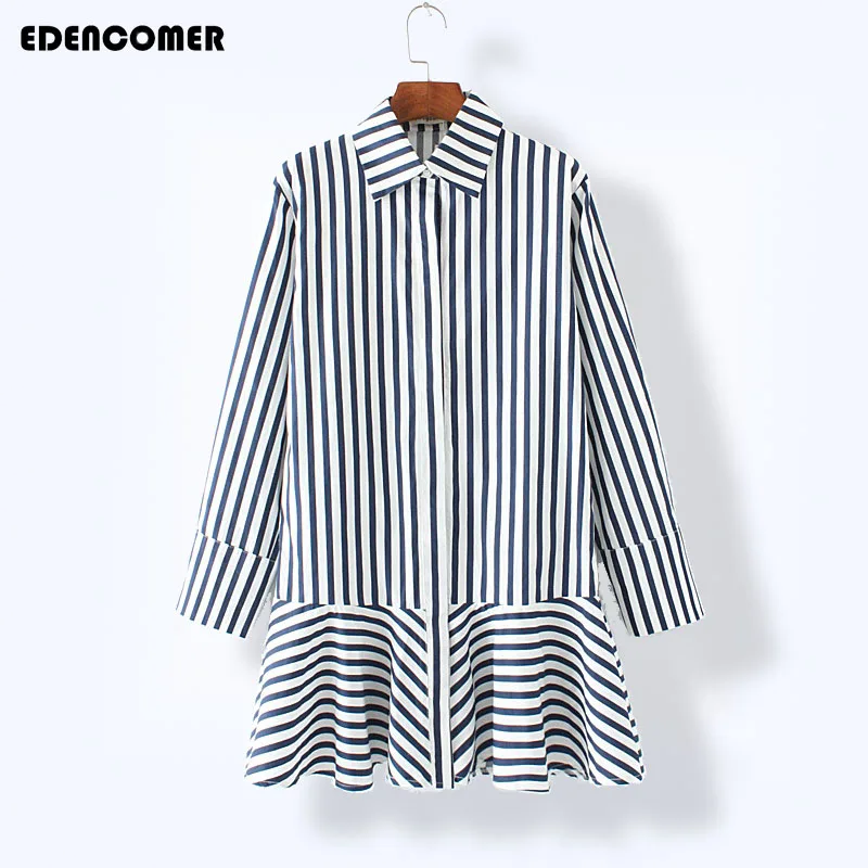

Pius Size Women's Dress 2018 New Leisure Light Loose Striped Lapel Long Sleeves Simply Short and Thin Autumn and Summer Dress