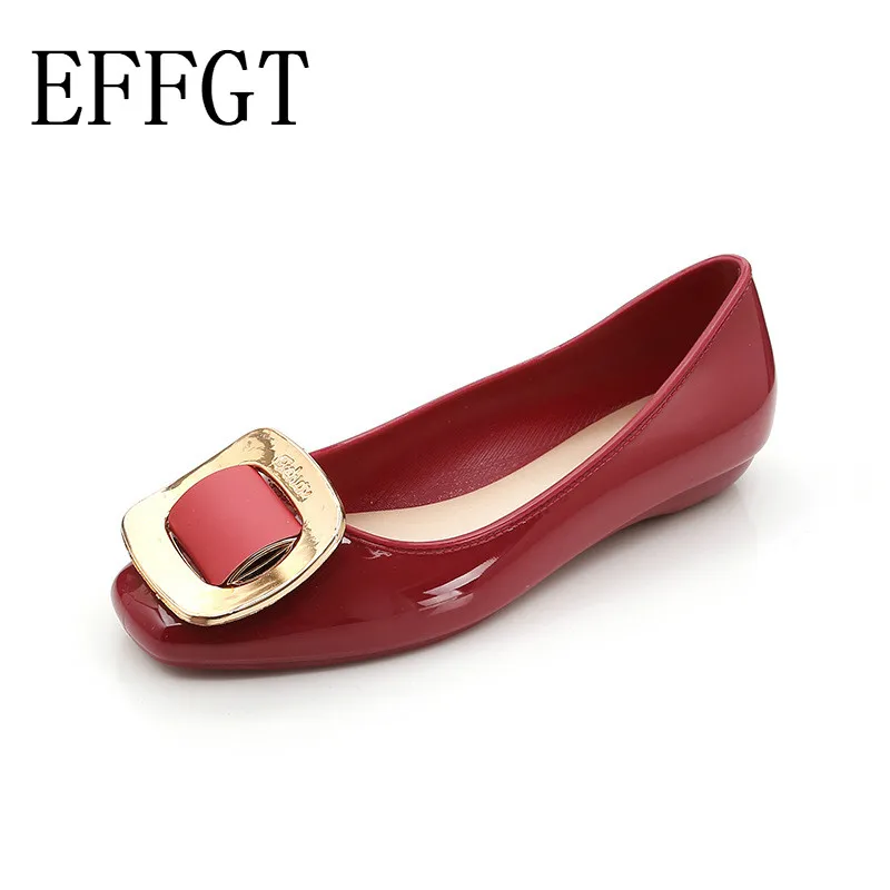 

EFFGT Apricot Black Red Metal Summer Female Footwear Square Toe Fashion Women's Flat Shoes Women Leisure Shoes Ballerinas C122