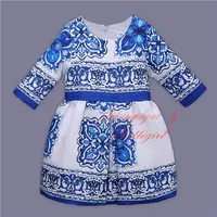 Classic Design Kids Printed Dress Half Sleeve Girls Blue and White Porcelain Dresses Free Shipping Children Clothes GD80915-159F