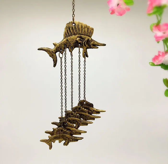 

2 Vintage Cast Iron Fish Wind Chimes Metal Hanging Windchimes Bell Home Garden Wall Porch Cabin Lodge Patio Decoration Bronze