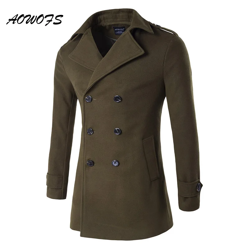 AOWOFS Мужское пальто зимнее шерстяное пальто мужское двубортное шерстяное бушлат Мужское пальто черный Тренч пальто размера плюс бушлат - Цвет: Army Green