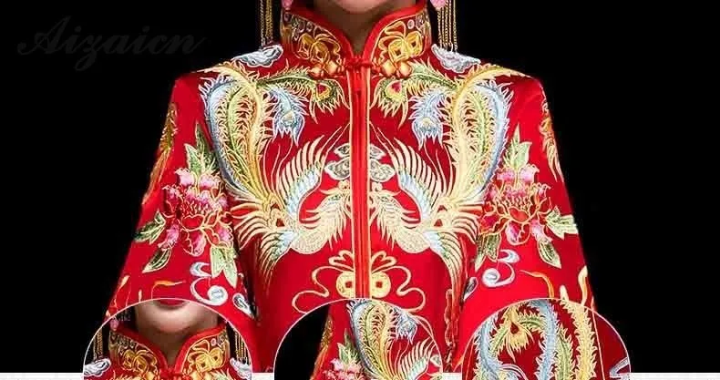 Современные хвостохранилища Длинные Cheongsam невесты красный Вышивка Qi Pao для женщин Китайский традиционный свадебный платье Oriental стиль
