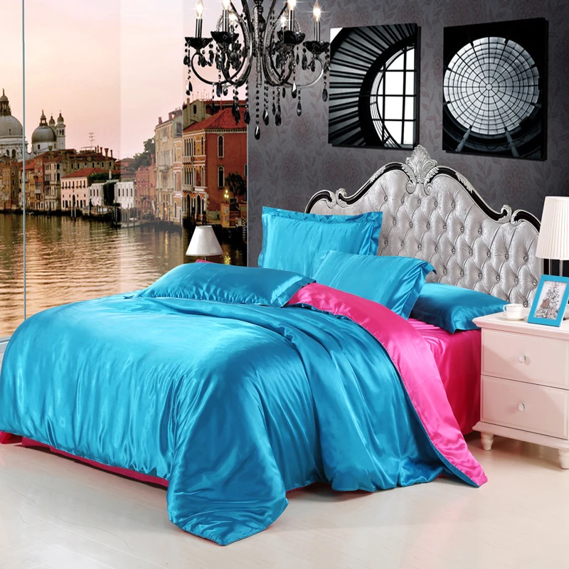 

French Style Blue+Rose Red Solid Ice Silk Smooth Soft Tian Silk Bedding Set Silk 4Pcs Tencel Duvet Cover Set +Sheet+Pillowcase