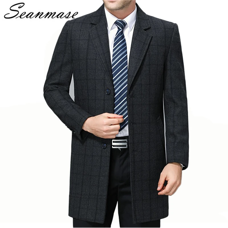 

Winter Long Overcoat Cashmere Coat for Men Warm Plaid Wool Coat Men Fashion Slim Single Breasted Lapel Casual Trench ZZ117