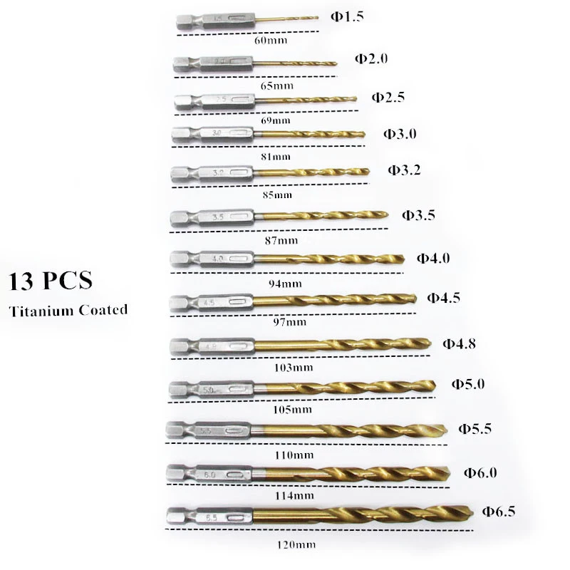 Prostormer 13 шт. высокоскоростное стальное сверло с титановым покрытием сверло 1/4 шестигранный хвостовик 1,5-6,5 мм аксессуары для электроинструментов