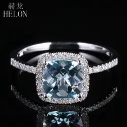 HELON Solid 14 К белого золота сертифицированная Подушка 1.2ct Аквамарин бриллианты Обручение кольцо для Для женщин Юбилей классические ювелирные