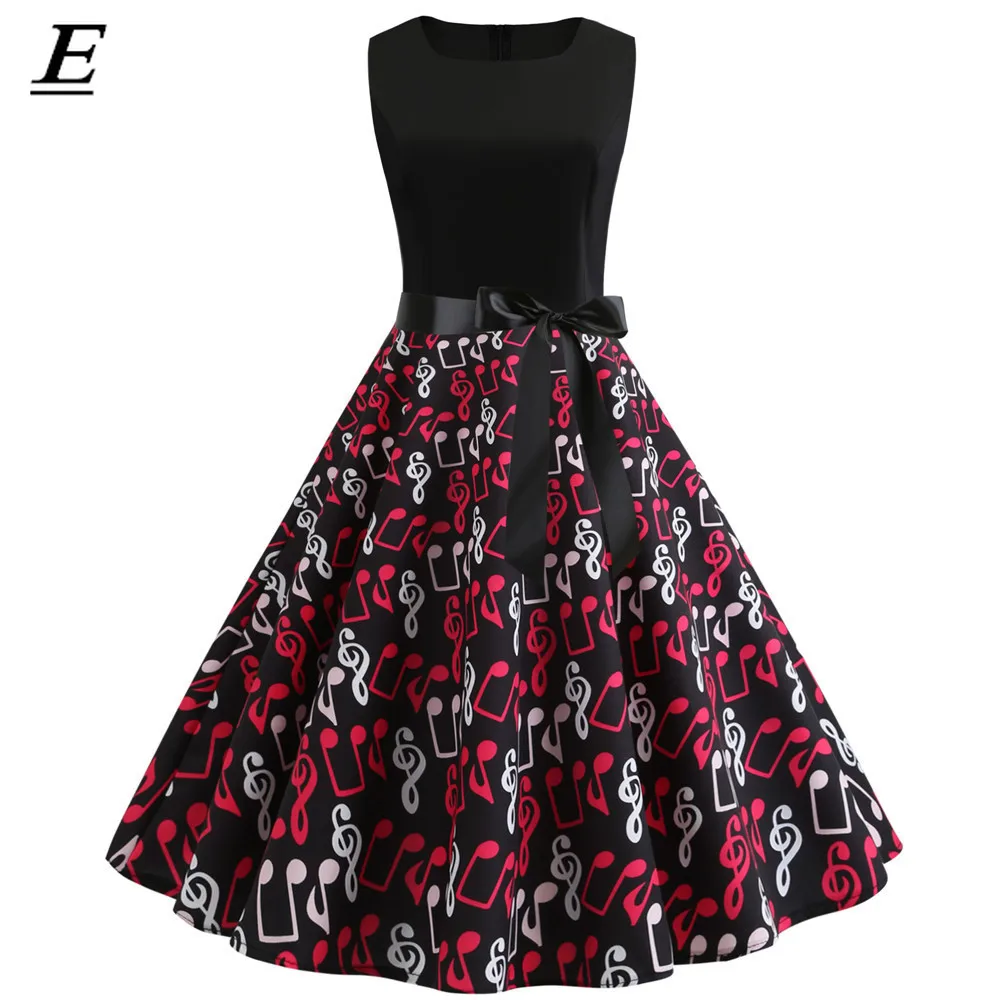 

Music Note Print Elegant Party Dress Women 50s 60s Retro Vintage Robe Rockabilly Dresses Plus Size Casual Summer Midi Dresses