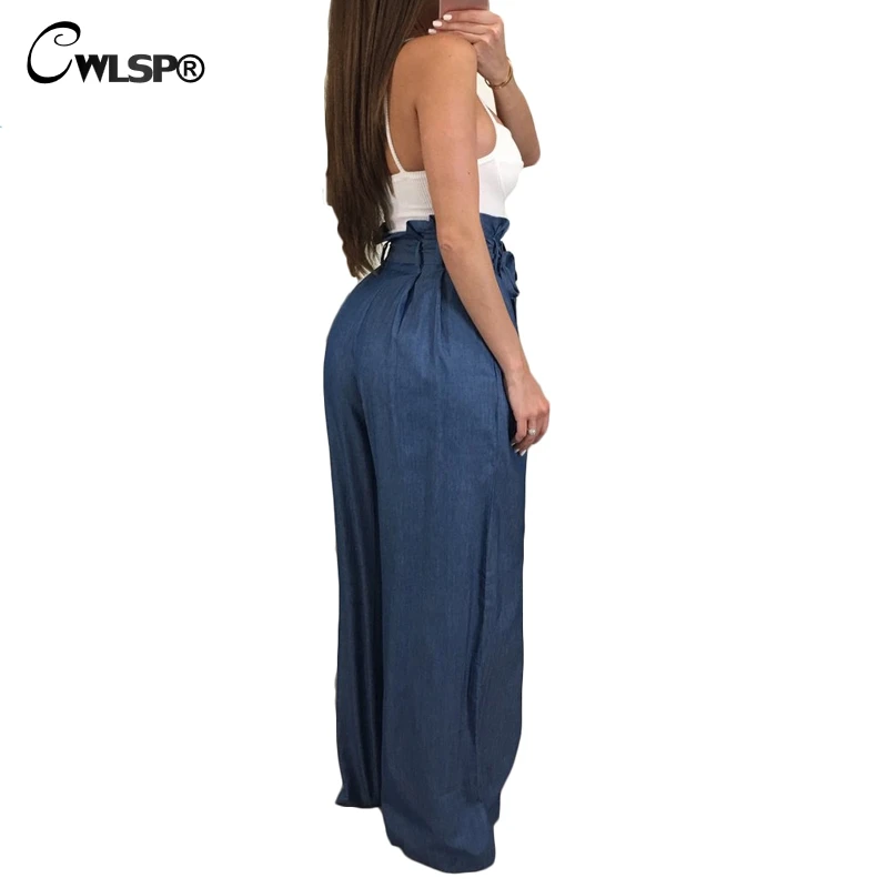 CWLSP 5 colors Autumn Lady Solid Casual Loose Pants Women Casual Full Length Frill Belted Bow Waist Trousers female Pants QZ2458