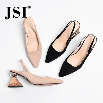 

JSI New Casual Women Sandals Soft Kid Suede Strange Style Heel Sexy Pointed Toe Lady Shoes Sweet Shallow Back Strap Sandals JO60