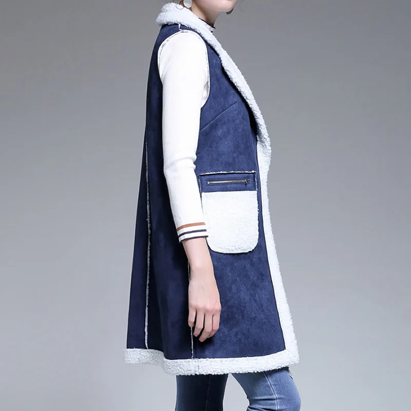 Winter Women Vest Waistcoat Women's Sleeveless Vest Jacket Long Patchwork Faux Suede Vests Coat Female Waistcoats Long Denim