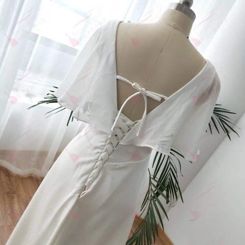 Мягкие Сатиновые элегантные свадебные платья высокое качество простой короткий расклешенный рукав богемный халат de mariee размера плюс ZW101