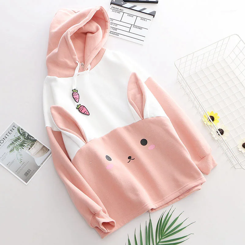  Cartoon sweet rabbit carrot stamp with cap and pile to keep warm girl hoodie Sweatshirts Hoodies