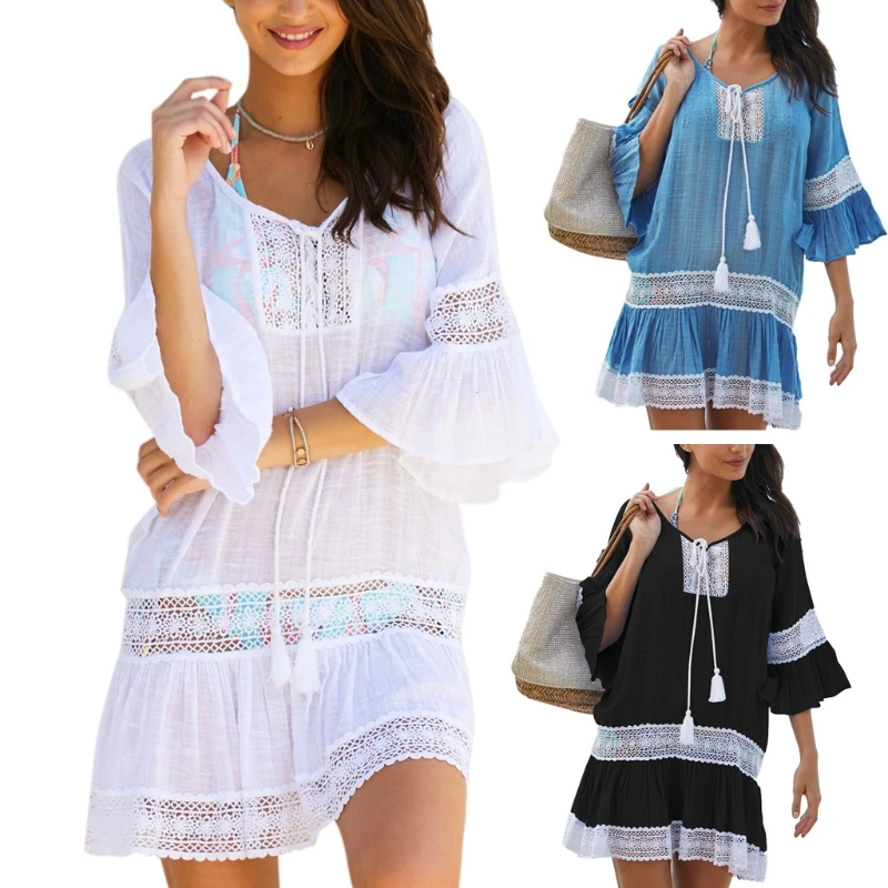 

Womens Swimwear Bikini Cover Up Hollow Beach Dress Tunic Tassel Crochet Loose
