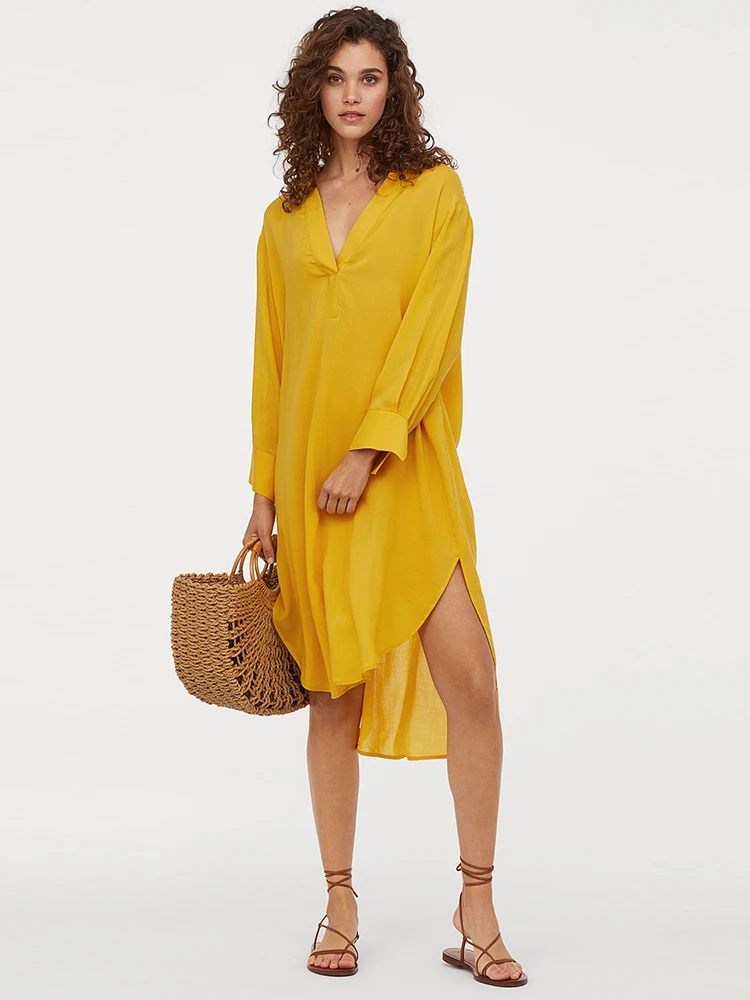 

MINSUNDA Yellow Deep V Neck Curved Hem Shirt Dress Women Slit Cuff Summer Long Sleeve Beach Dresses Ladies Casual Straight Dress