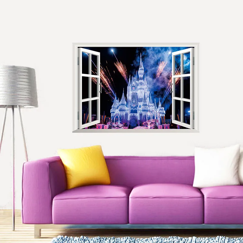 

beautiful Ancient Princess Castle Night Fireworks 3D window view romantic wall sticker for kids room girls bedroom wallposter