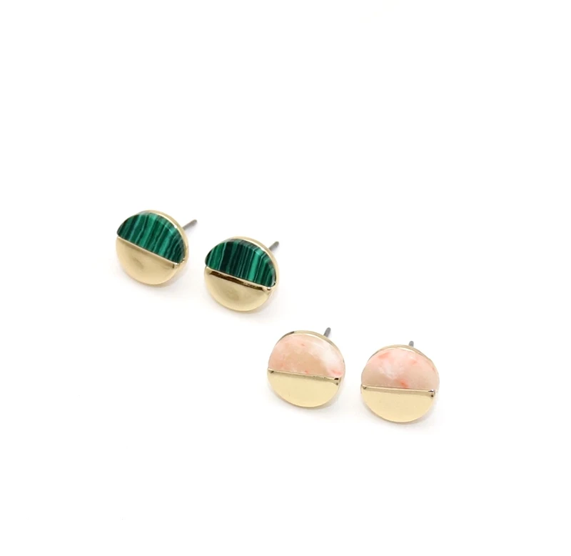 

1cm Small Half Natural Pink and Green Stone Stud Earrings for Women