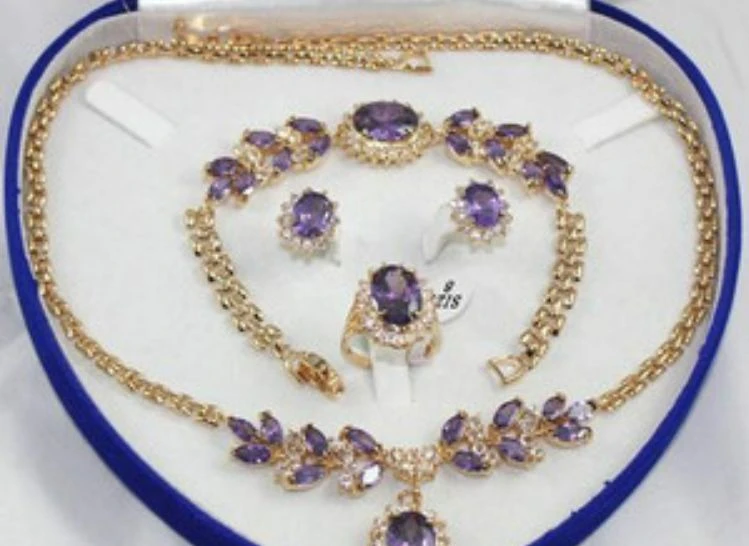 

18K Yellow Gold GP Inlay Purple Crystal Necklace Bracelet Earring Ring 1set A+HY