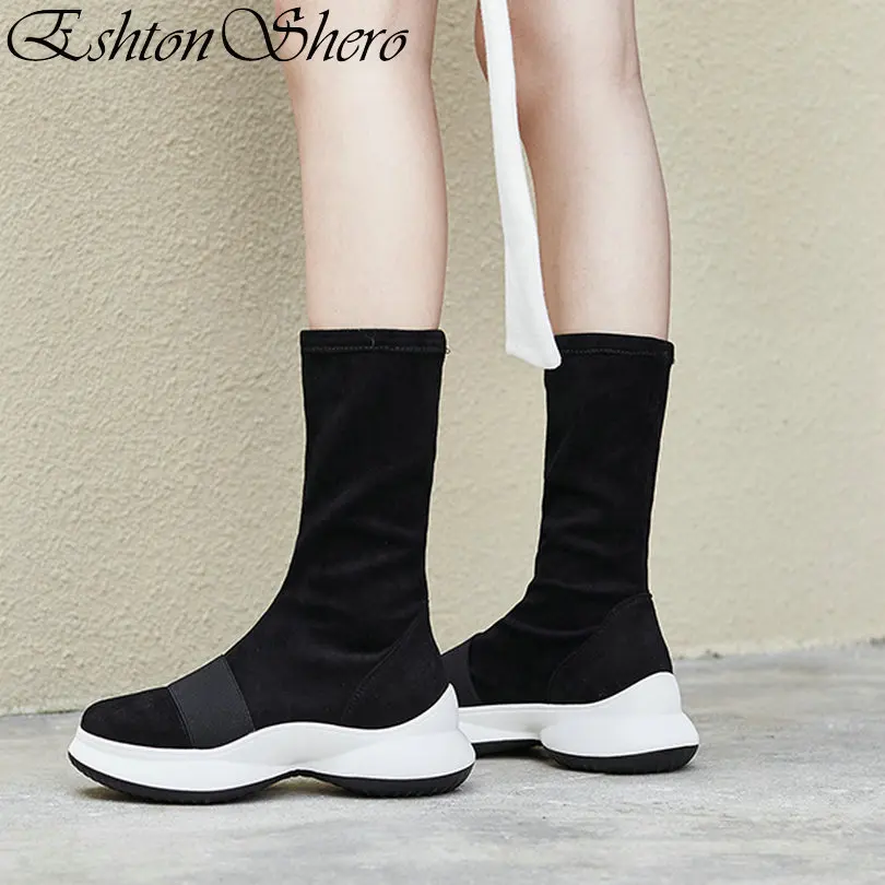 

EshtonShero Winter Shoes Woman Mid Calf Boots Med Heel Round Toe Flock+PU Lace Up Black Women Ladies Sock Boots Size 4-11