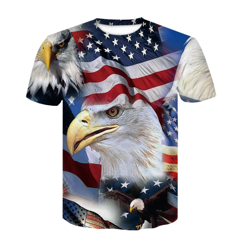 Summer print short-sleeved T shirt men round collar eagle American flag design trend with short sleeve thin top |