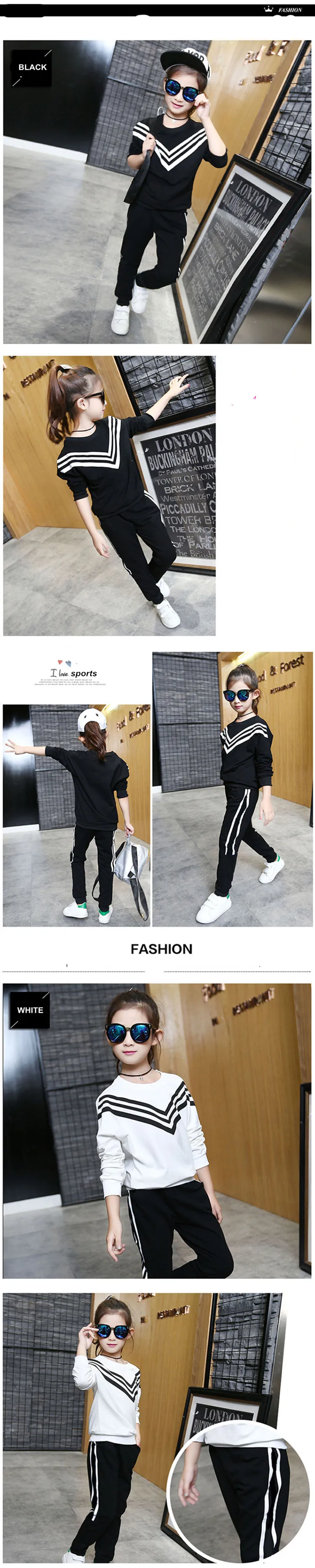 Kids Boys Girls Long Sleeve White Black Striped Tshirt Pants Children Sports Outwear Suits 10