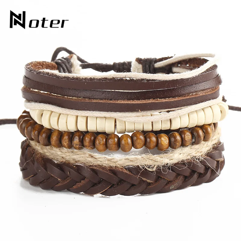 

Punk 5pcs/set Leather Bracelet Charm Braided Adjustable Rope Braclet Brown Wood Bead Elastic Braslet For Men Jewelry Accessories