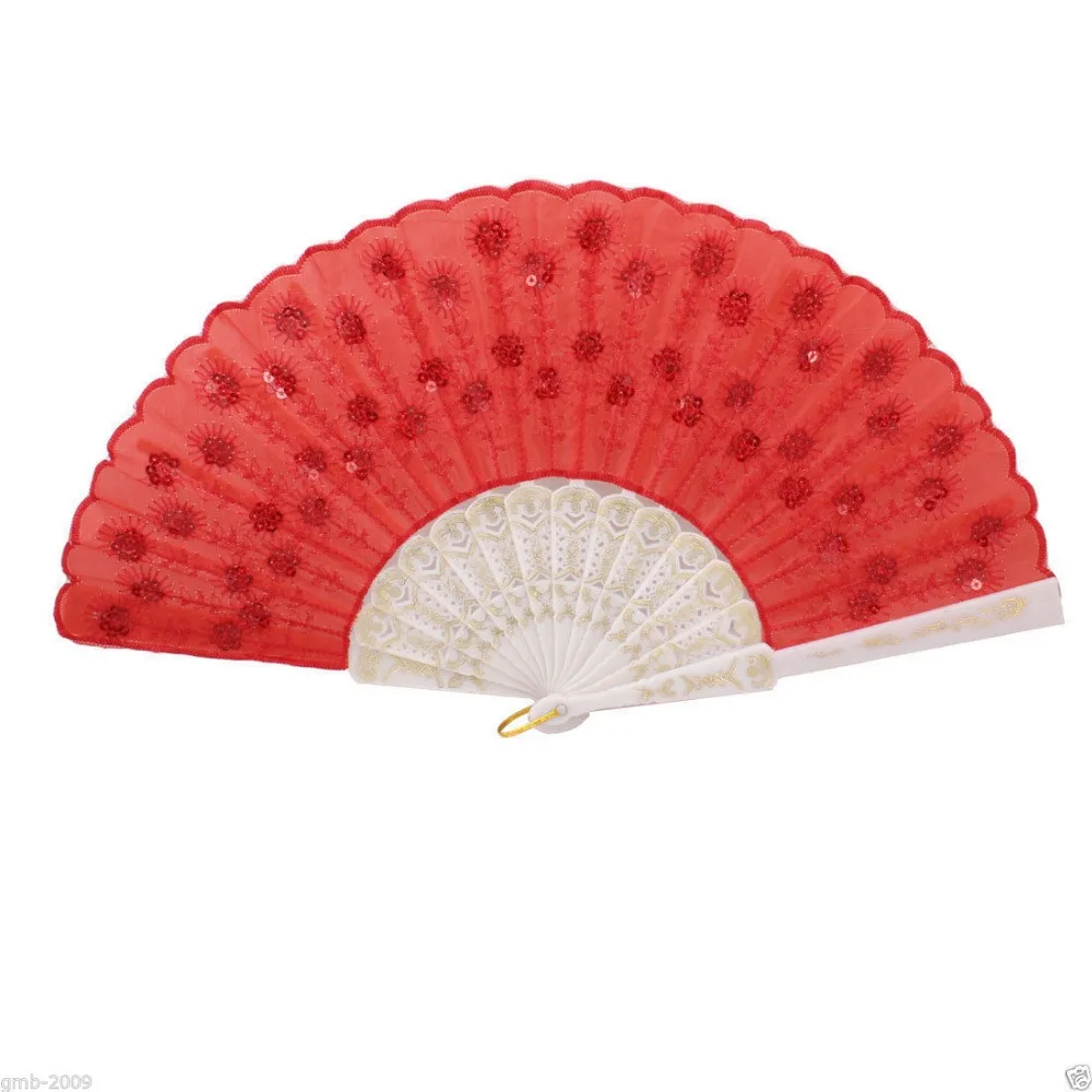 Dance Party Lace Silk Folding Hand Held Fan Sequins Flower Spanish