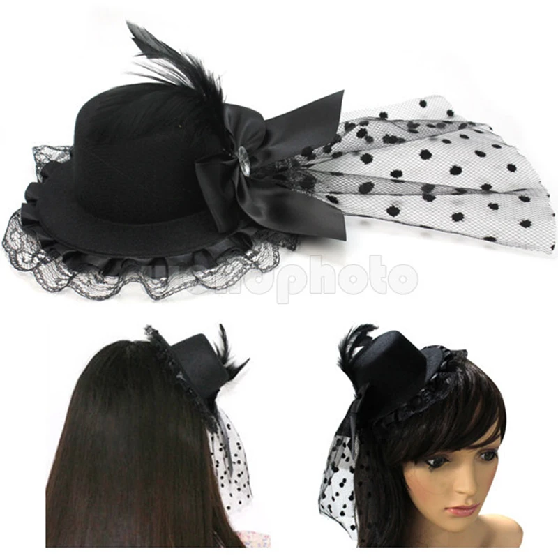 

Elegant Women Feather Bowknot Crystal Hair Clips Lace Mesh Mini Top Hat Fancy Dress Party Cosplay Veil Fascinator Accessory New