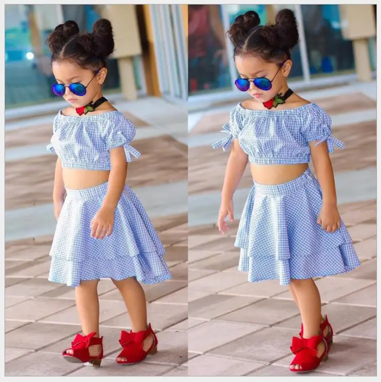 

fashion girl blue plaid Short skirt suit summer Bow Puff Sleeve top and skirt Two Pieces sets for a little girl