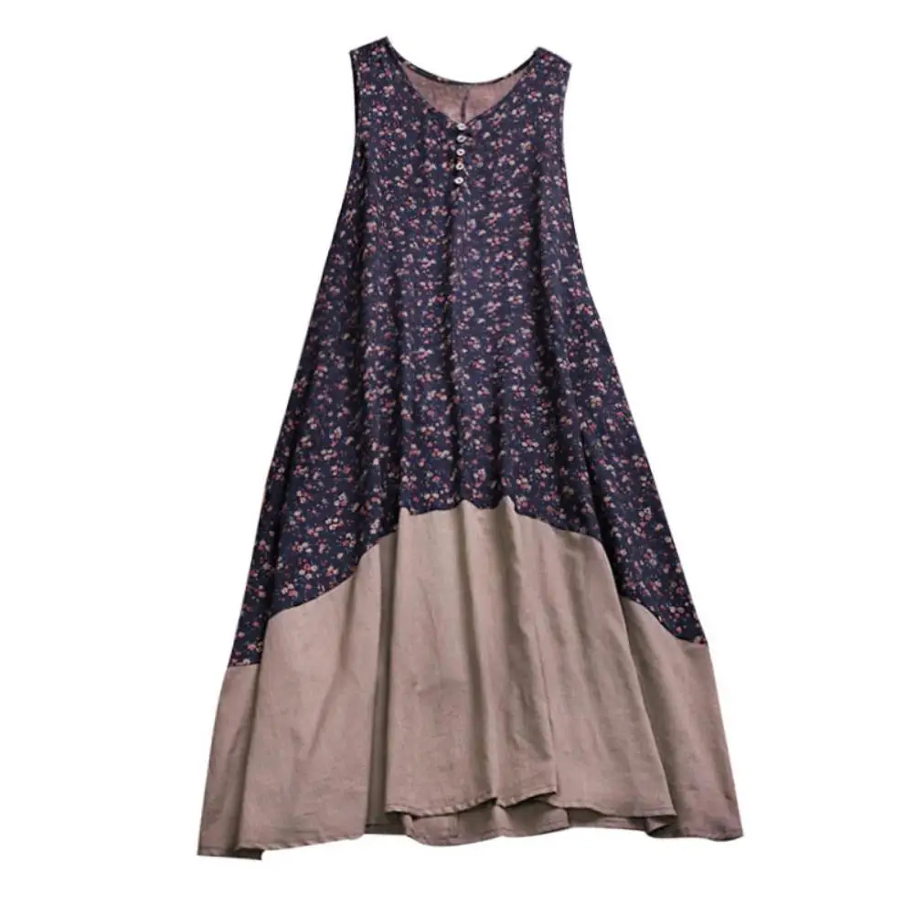 

New Plus Size Boho Women Flower Print V Neck Sleeveless Summer Loose Long Dress