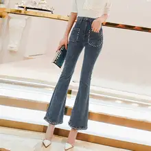 Высокая Талия Джинсы для Для женщин Винтаж Бисер карманы джинсовые расклешенные джинсы со стразами новое поступление Для женщин s Тонкий девять джинсовые штаны DS50597