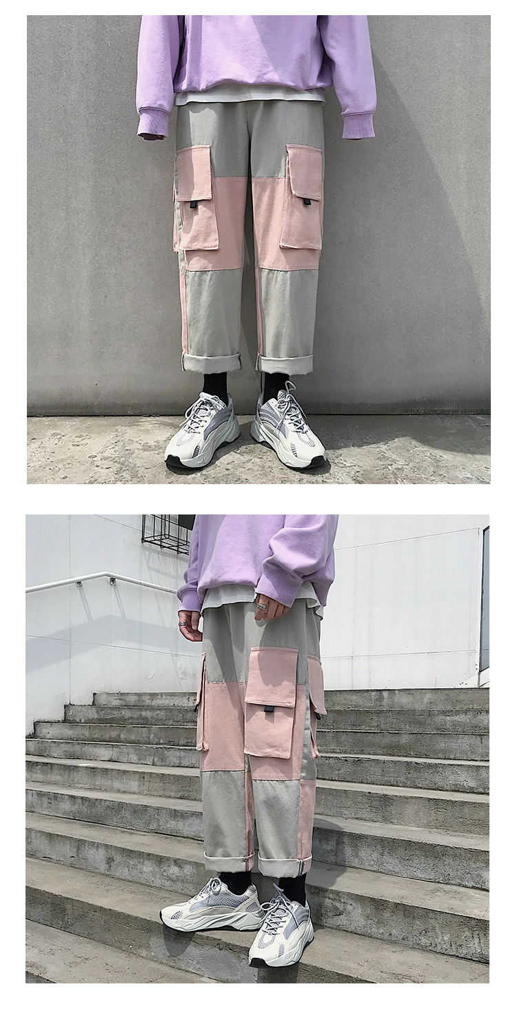 2019 Модный японский уличный лоскутный комбинезон с карманами для отдыха мужские прямые брюки уличная хип-хоп спортивные брюки