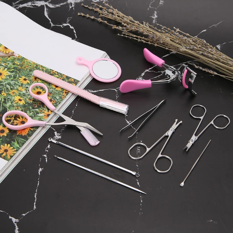 QIAOYAN 10pcs/set Eyebrow Tools Kit Tweezers Scissors Razor Eyelash Curler Makeup Tool