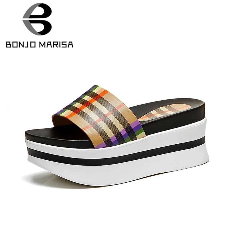 

BONJOMARISA 2020 Brand New Fashion Flat Platform Slippers women's Summer Genuine Leather Ladies High Heels Women Shoes Woman