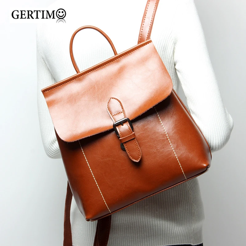 

Korean Style Women Designer Luxury Genuine Leather Cowhide Backpacks Oil Wax Cow Leather Real Leather Backpack Brown Black 2019