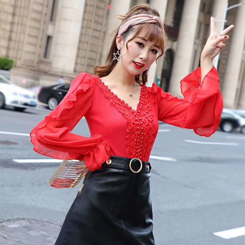 

2019 New arrived women shirt sweet female V collar women Korean style OL Office Lady Casual Long sleeves shirt fashion
