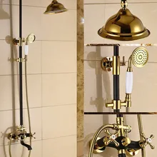 Золото Цвет латунь и черный масло втирают Бронзовый Ванная комната дождь душа Установить ванна смесителя+ ручной душ crs900