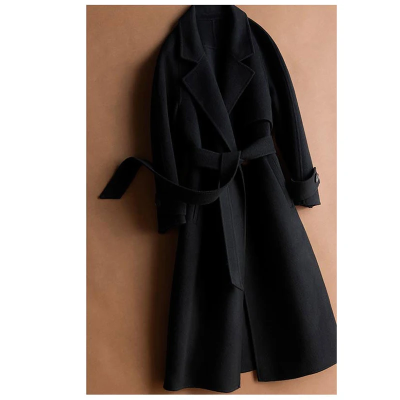 Двустороннее кашемировое пальто для женщин, зимняя куртка для женщин, чистый кашемир ручной работы, Однотонное шерстяное пальто для женщин, длинное пальто - Цвет: black
