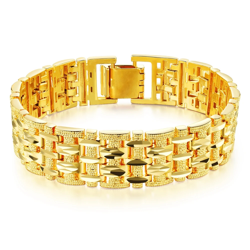 

Men's Bracelet Gold Filled Chunky Chain Bracelets Wrist Link Thick Jewelry Male Gift Carved Mesh Accessories Free