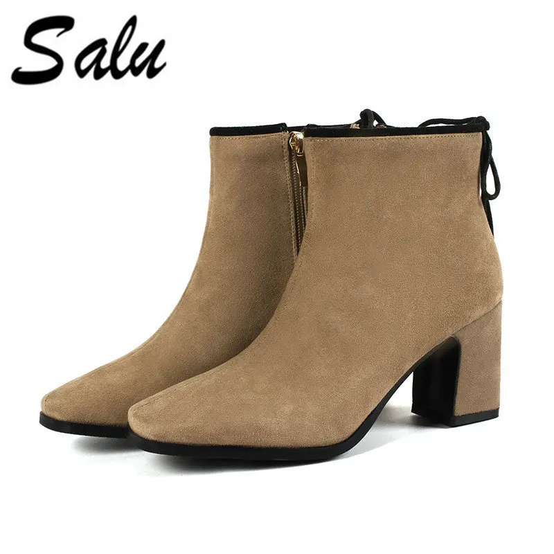 

Salu New Spring Genuine Leather Boots Short Plush Women Shoes Ankle Boots With Zipper Handmade High Quality Shoes Boots