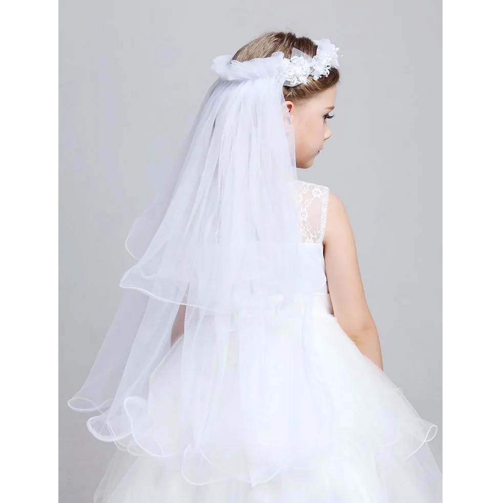 Для девочек; платье для первого причастия, аксессуары для вуалей эластичная ткань для свадебное платье с цветочным узором, с кружевом, с жемчугом, гирлянды вуаль повязка на голову для девочек; Детская вечеринка